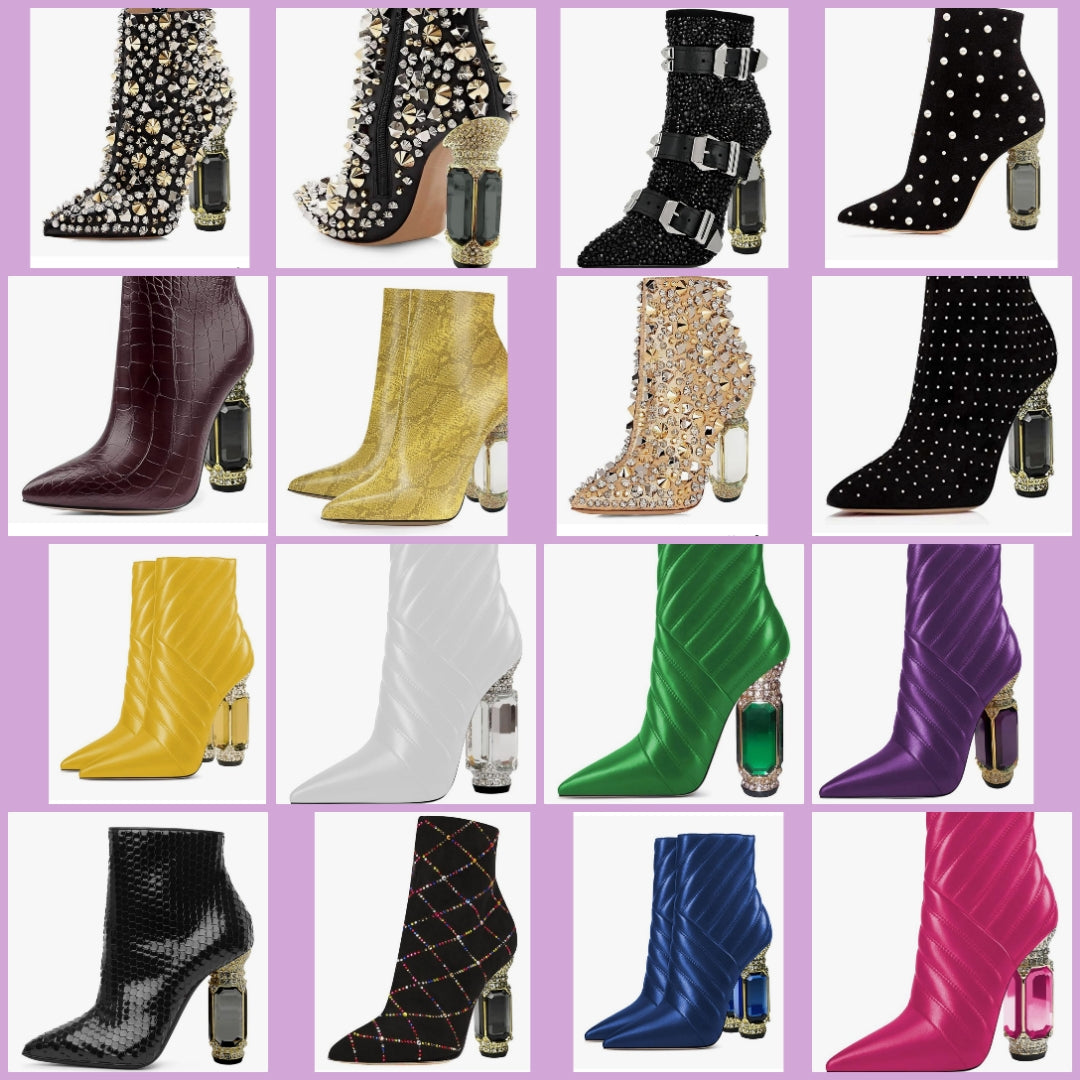 Pointed Toe Crystal Chunky Block High Heel Ankle Boots Glossy Side Zipper