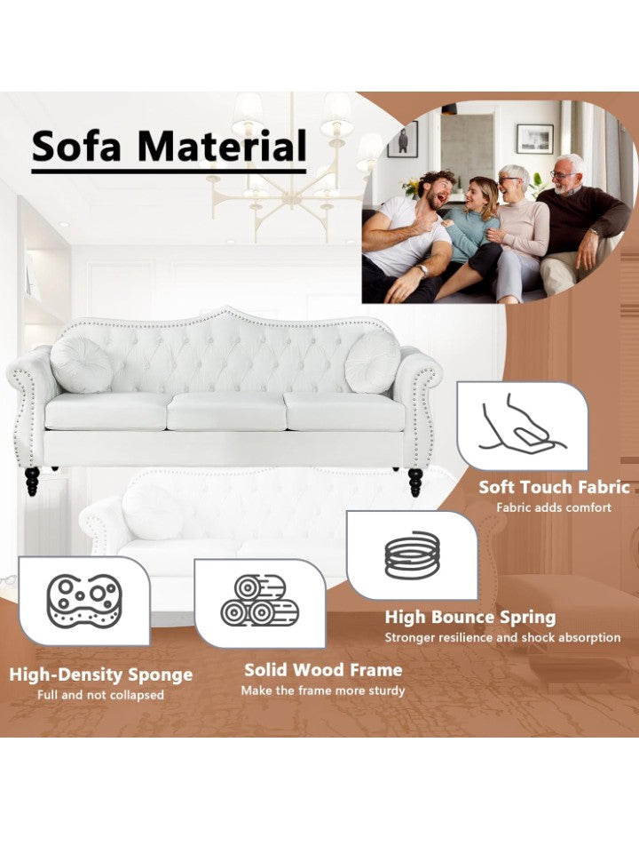 82" Three Seater Sofa, Chesterfield Sofa, Mid-Century Modern Velvet Upholstered Sofa, Deep Button Tufted Living Room Sofa with Two Throw Pillows,
