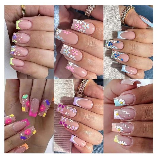 6-Pack Square Press-On Nails: 12 Sets (144 Pcs) French Tip Fake Nails with Flower Design - Full Cover, Colourful Artificial, Reusable False Nails Kit - Cute Glue-On Nails for Women & Girls