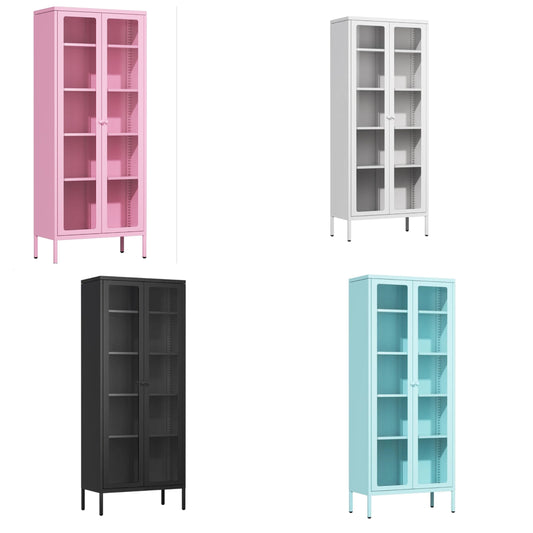 Metal Display Cabinet with 4 Adjustable Shelves, White Glass Doors, 5 Tiers, Home Office, Living Room