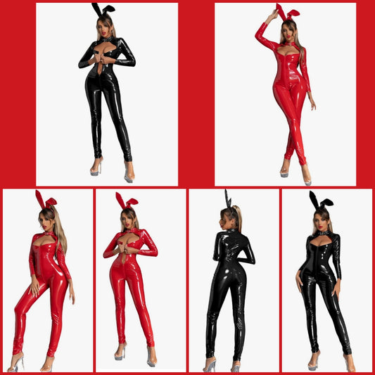 Metallic Leotard Zipper Front Faux Leather Bodysuit Jumpsuit with Headwear Pu Babydoll Lingerie Clubwear Cocomoney