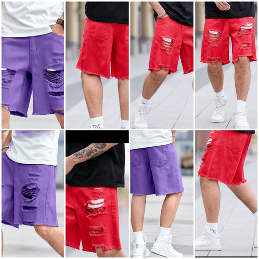 Loose Fit Men's Cotton Ladder Distressed Denim Shorts COCOMONEY