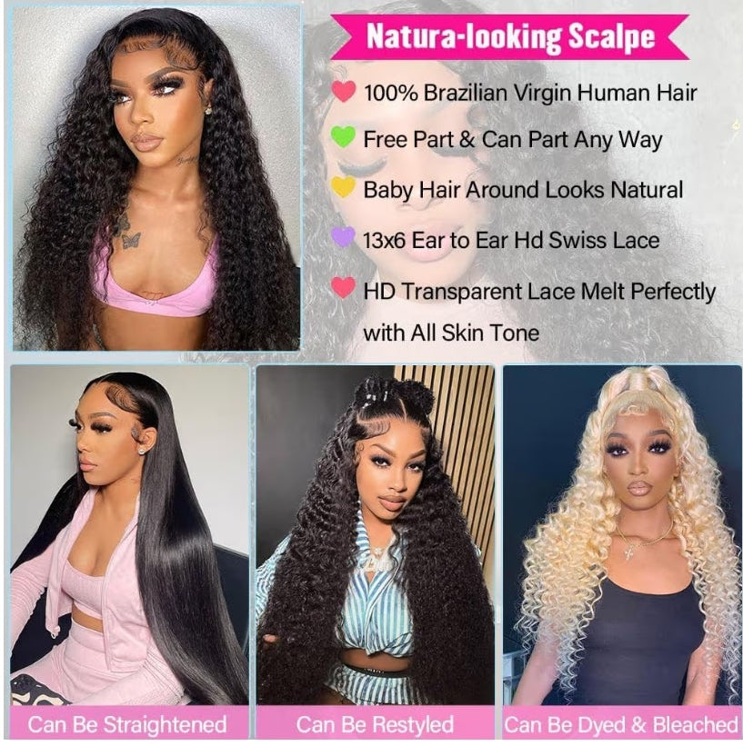 32 Inch 13x6 Deep Wave Lace Front Wigs Human Hair, HD Lace, Natural Color, 100% Virgin
200% Density Pre Plucked Glueless Wig for Women