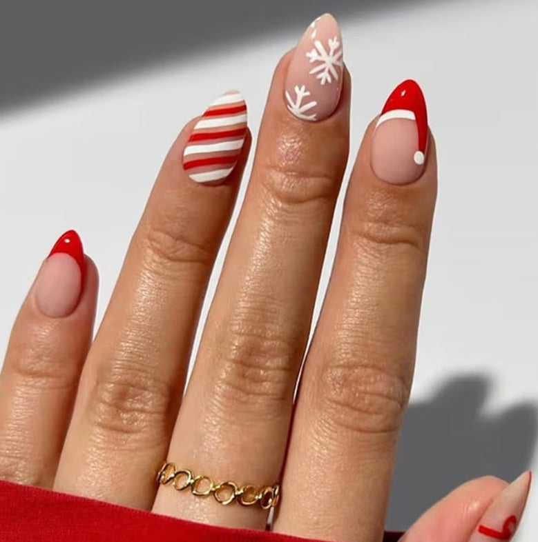 6 Packs (144 Pcs) Christmas Press on Nails Medium Almond Fake Nails Winter Xmas False Nails with Designs Snowflake Glue on Nails Full Cover Glossy Acrylic Stick on Nail for Women Girls Manicure