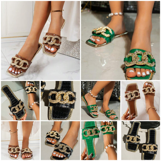 Fashion Gold Chain Flat Sandals, Comfortable Casual Open Toe Slippers Suitable For Outdoor, Beach, Party