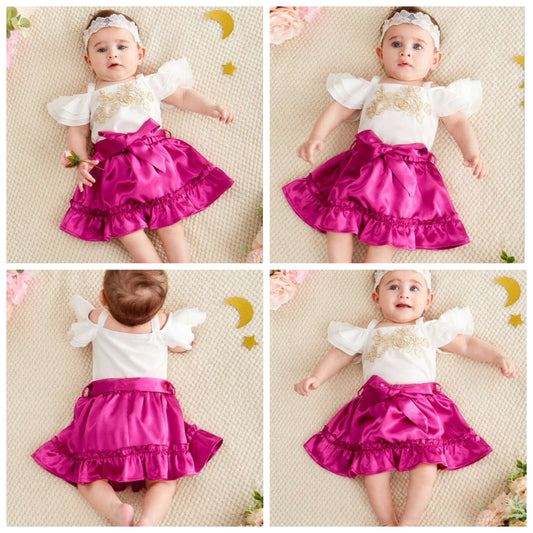 Baby Girl Ruffle Trim Off Shoulder Flower Embroidery Tank Top A-Line Skirt Set