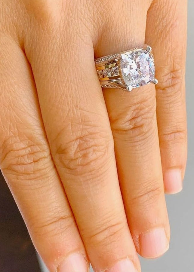 AMAZING 14K Solid And Heavy White and Yellow Gold Cushion and Round Cut Simulated Diamonds Engagement Ring Wedding Bridal Set 6.50ctw