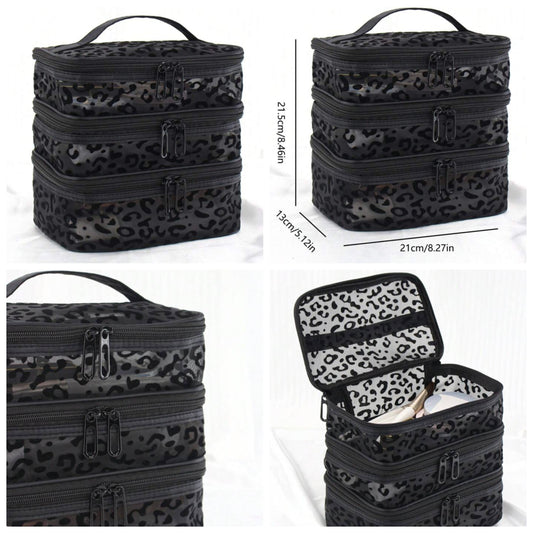 Leopard Print Fashionable 3 Layers Mesh Cosmetic Bag For Storage, Square-Shaped Makeup Bags, Holiday