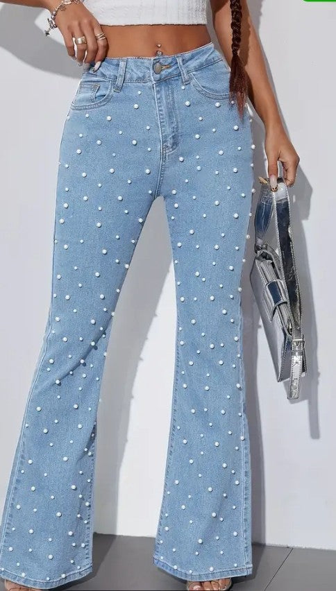 COCOMONEY JEANS FLARE FAUX PEARL EMBELLISHMENTS