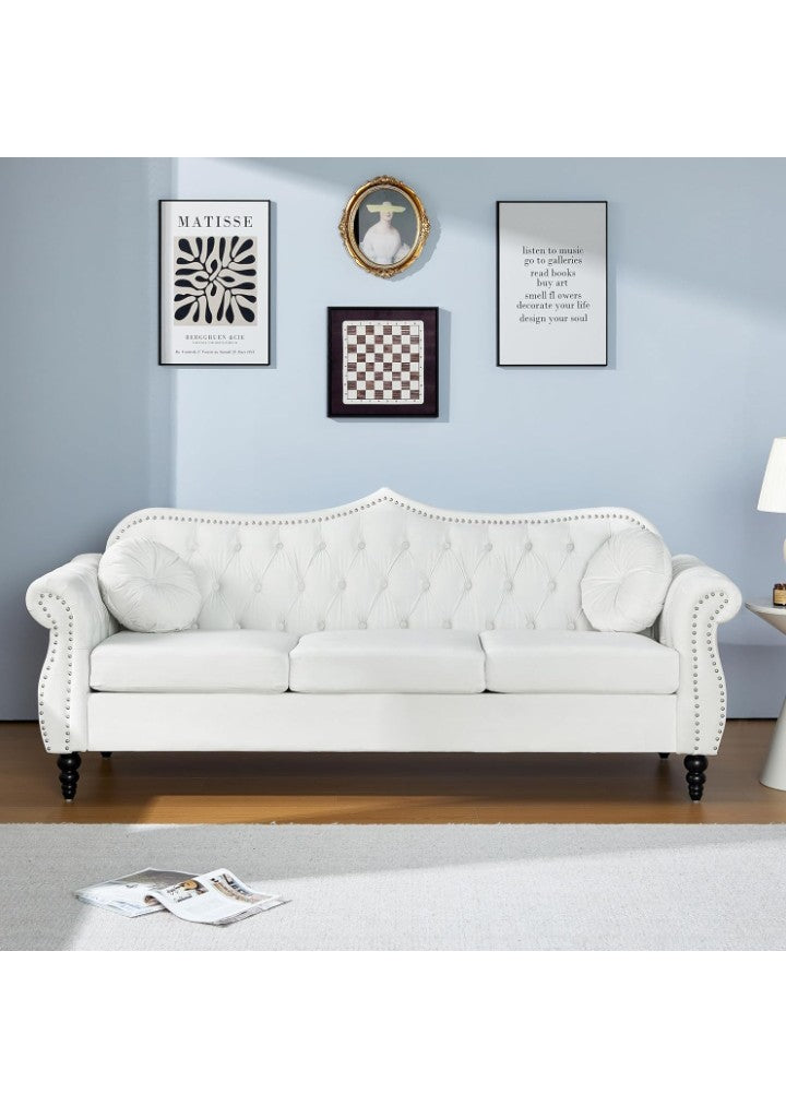 82" Three Seater Sofa, Chesterfield Sofa, Mid-Century Modern Velvet Upholstered Sofa, Deep Button Tufted Living Room Sofa with Two Throw Pillows,