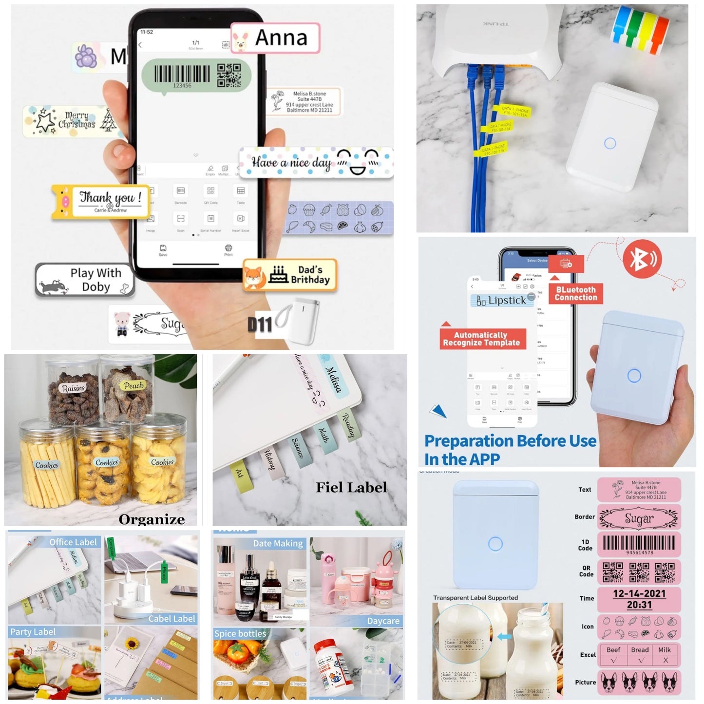 Label Maker Machine with Tape D110-M Portable Bluetooth Handheld Label Printer Included Multiple Templates Available for Phone Pad Easy to Use Home Office Organization USB Rechargeable-