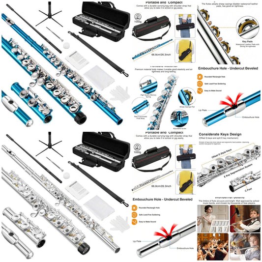 Flutes Closed Hole C 16 Keys Flute Instrument For Beginner With Flute Carry Bag, Stand, Strap, Probe Rod, Gloves, Grease, Adjustment Screwdriver, Cleaning Kit