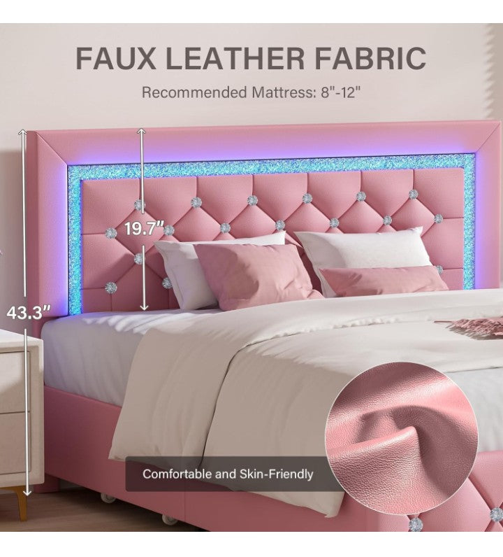 Full Size Bed Frame with LED Lights, Upholstered Bed Frame with Storage Drawers, Princess Platform Bed with Diamond Headboard and Footboard, No Box Spring Needed,