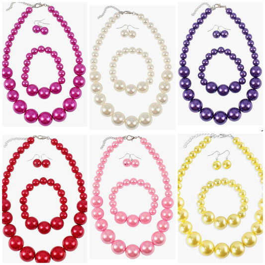 Large Big Simulated Pearl Statement 19" Necklace Bracelet and Earrings Jewelry Set