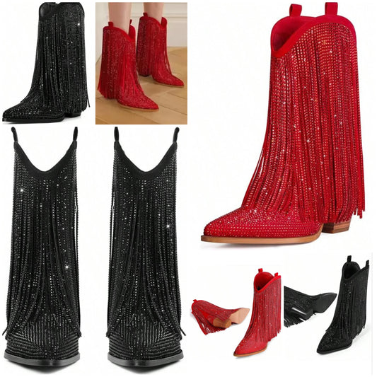 Cowgirl Rhinestone Boots With Sparkly Fringe Pointed Toe Western Ankle Boots & Booties Chunky Heel Pull-On