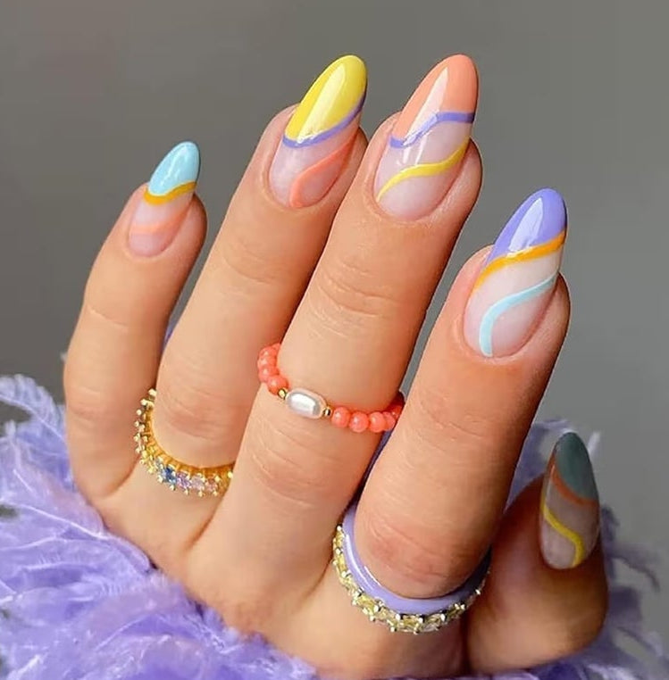 6 Packs (144 Pcs) Press on Nails Medium Design, Misssix Short Fake Nails Almond French Glue on Nails Set with Adhesive Tabs Nail File Acrylic False Nail Kits for Women