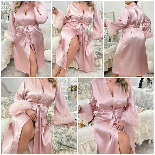 3D Floral Trim Decor Flare Sleeve Faux Silk Plus Size Long Robe COCOMONEY