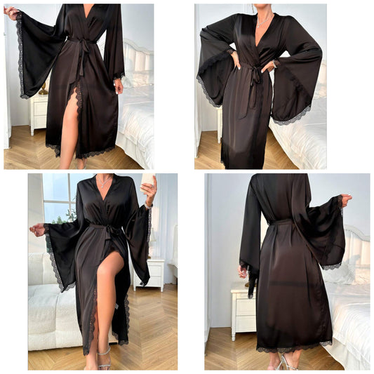 Fashionable Lace Trim Black Batwing Sleeve Robe COCOMONEY