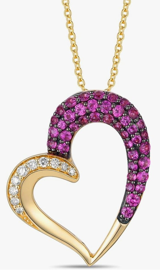 COCOMONEY  1/7 Carat Diamond and 1 Carat Red Ruby Asymmetrical Open Heart Pendant Necklace for Women in 14k Yellow Gold (White, cttw) on 18 Inch Long Chain with Lobster Claw Clasp