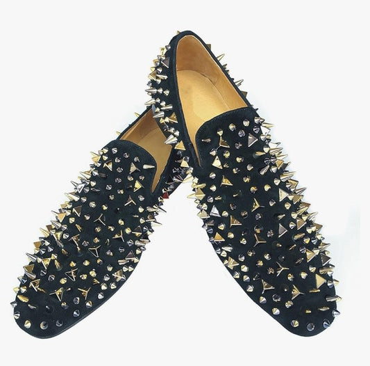 Men's Black Leather Loafers Slippers with Gold Spikes Dress Shoes Slip-On Flats Party Shoes