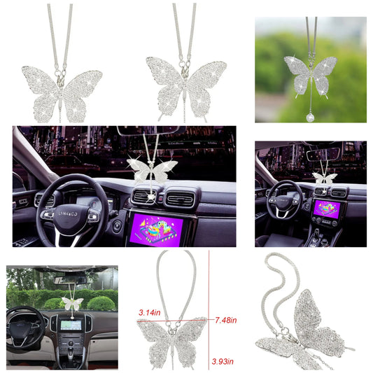 Bling Butterfly Diamond Car Accessories for Women, Crystal Car Rear View Mirror Charms Car Decoration Valentine's Day Gifts Lucky Hanging Interior Ornament Pendant. (Silver)