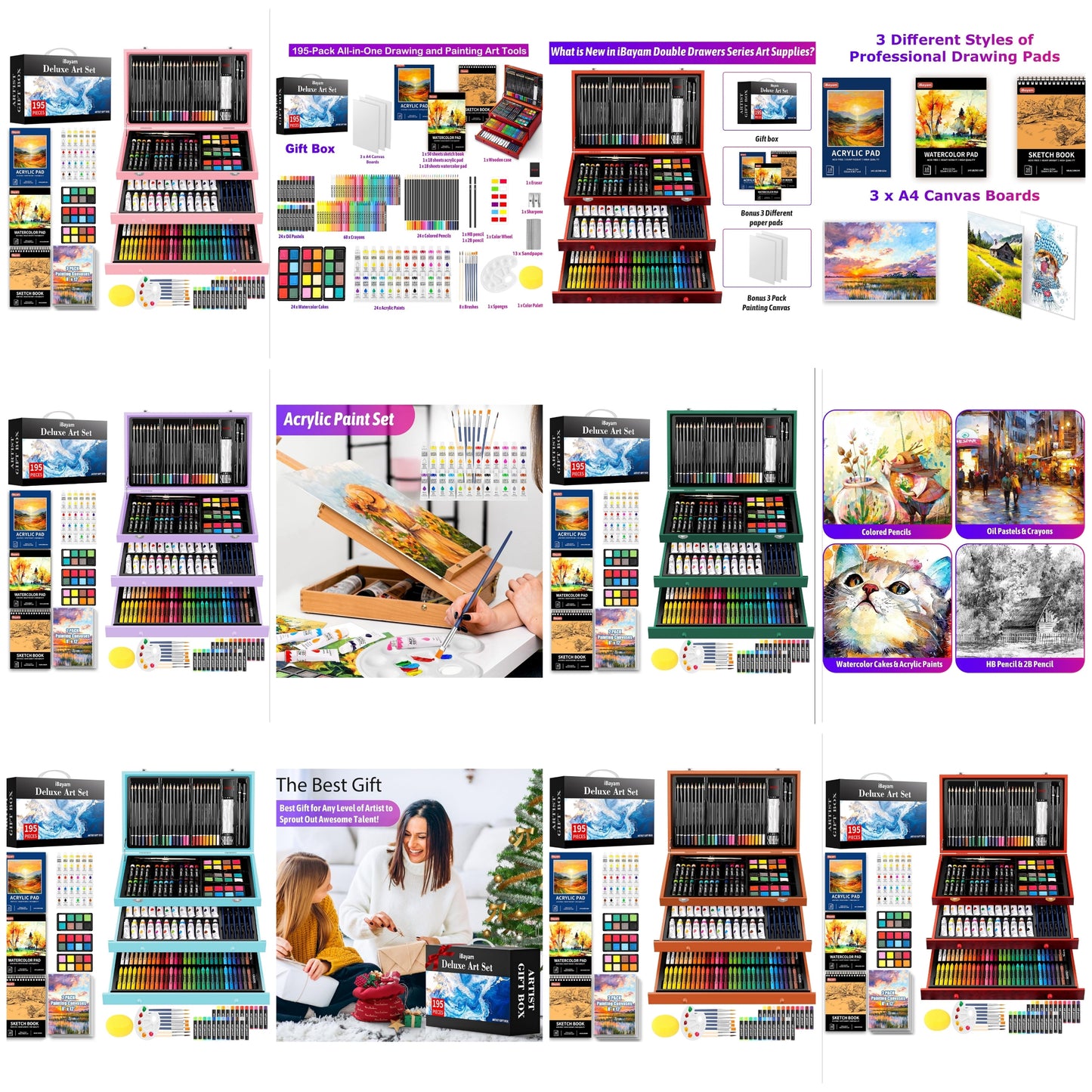 Art Supplies, 195 Pack Art Set Drawing Kit for Kids Teens Girls Boys Adult, Arts and Crafts Painting Kit, Art Kits Paint Set with Acrylic Pad, Sketchbooks, Watercolor Pad, Canvases, Gift Bo