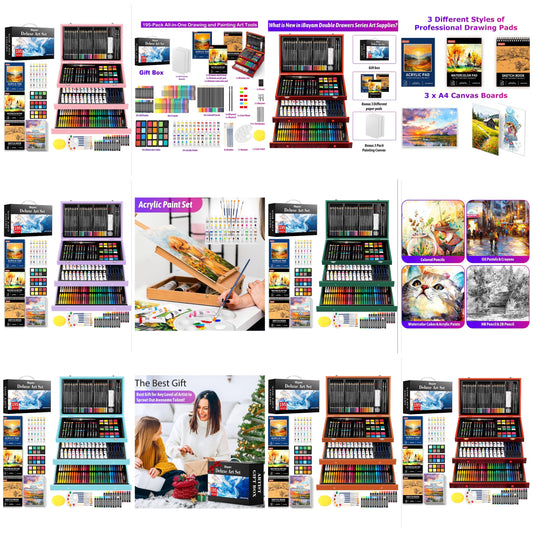 Art Supplies, 195 Pack Art Set Drawing Kit for Kids Teens Girls Boys Adult, Arts and Crafts Painting Kit, Art Kits Paint Set with Acrylic Pad, Sketchbooks, Watercolor Pad, Canvases, Gift Bo