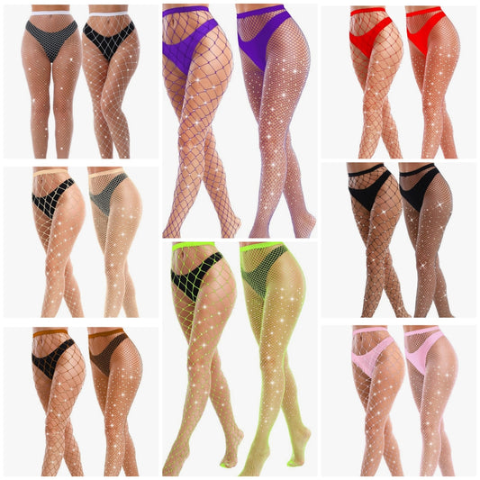 2 Pack Sparkly Large And Medium Mesh Fishnet Tights For Women Glitter Rhinestone Fishnets Stockings COCOMONEY