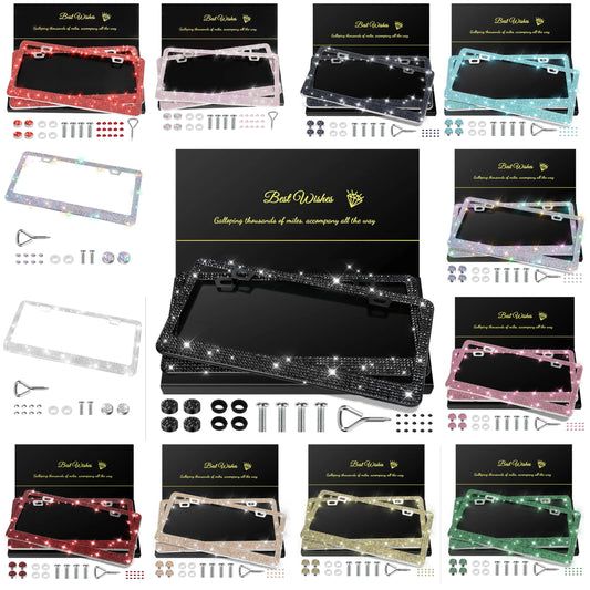 2 Pack Bling License Plate Frames for Women, Sparkly Rhinestone Diamond Car Accessories with Glitter Crystal Caps