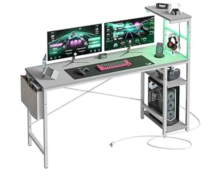Gaming Desk with Power Outlets, 61 Inch Large Led Gamer Desk with 4 Tiers Reversible Shelves, PC Gaming Table with Headset Hook & Side Storage Bag for Bedroom (Pink 3D Carbon Fiber)