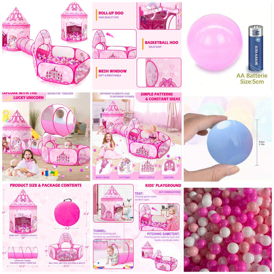 3PC Princess Castle Play Tent Set For Kids – Pink Themed Playhouse With Ball Pit & Crawl Tunnel, Foldable Tent For Toddlers, Perfect Summer Gift For Boys Girls, Ideal For Backyard Fun & Easter Party (Balls Included)120pcs Balls 2.17inch Plastic