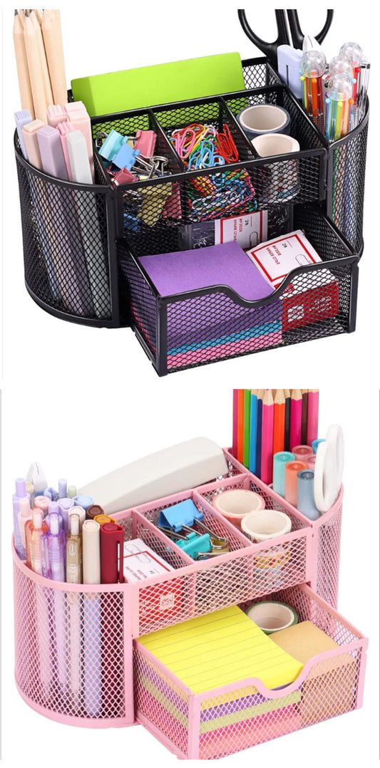 Desk Organizer, Pencil Holder for Desk, Mesh Office Desk Accessories with 8 Compartments and 1 Drawer Stationery Holder School Supplies