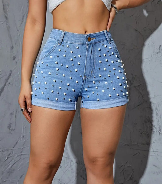 COCOMONEY BEADED DENIM SHORTS