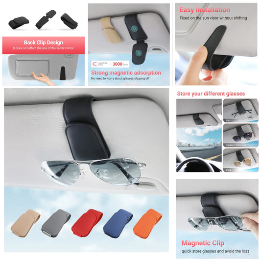 Sunglass Holder for Car Sun Visor, Magnetic Sunglasses Clip, Leather Glasses Eyeglass Holder and Ticket Card Clip, Auto Interior Accessories Universal for Car SUV Truck Pickup