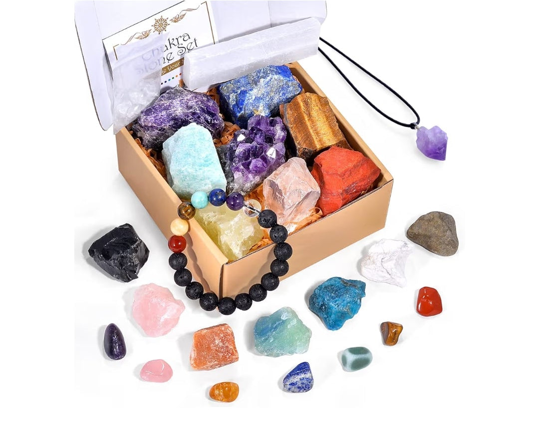 26 PCS Crystals and Healing Stones, Healing Crystals Gift Set, 7 Raw Chakra Stone, 7 Tumbled Gemstones, Crystal Amethyst Necklace, Selenite Plate, Lava Bracelet, Clear Quartz, Gift Box