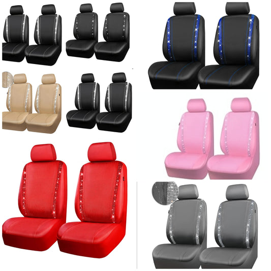 Leather Diamond Bling Car Seat Covers 2 Front Interior Sets, Waterproof Universal Shining Glitter Crystal Sparkle Fit for 95% Automotive Truck SUV Cute Women Girl, Black Rhinestone