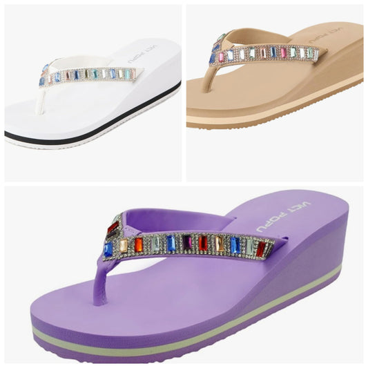 Sandals for Women Bling Rhinestones Jewel High Heel Arch Support Comfortable Soft Cushion Wedge Slip-on Casual Platform Summer Thong Sandals