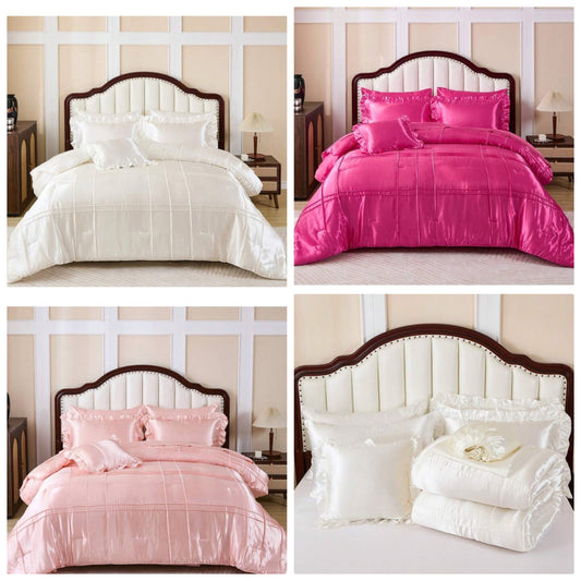 Satin Silky Comforter Set,Queen Size 8 Pcs Grid Pleated Silk Like Bed In A Bag Bedding, Down Alternative Bedding Sets For All Season,Luxury Silky Bedding With Sheets And Cushion Cover