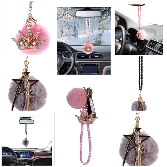 Car Mirror Hanging Accessories, Mini-Factory Rearview Mirror Hanging Bling Decoration Fluffy Luxury Diamond Crown with Pearl Chain rhinestone and pearl replica
