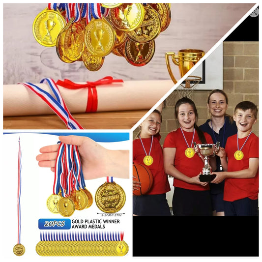 20pcs - Gold Plastic Winners Medals, Plaques, Gymnasium Day Medals, For Sports, Competitions, Talent Shows, Spelling Bees Birthday Party Gifts pvc