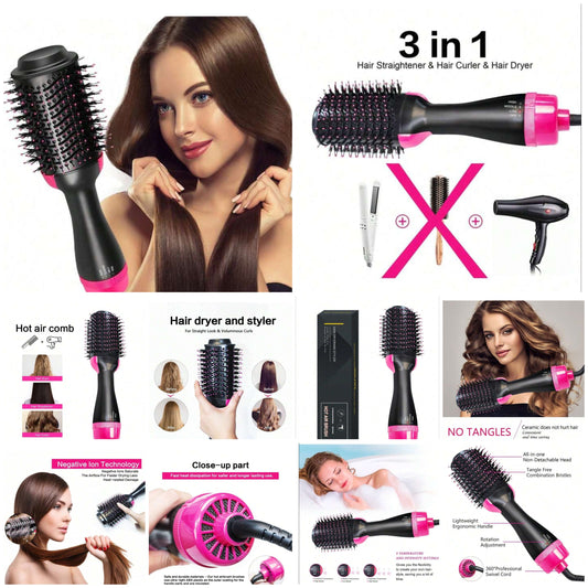 3 In 1 Hair Dryer Brush Blow Dryer,Hair Straightening Brush,1000W 3 Temp Blow Dryer Brush,Negative Ion Hot Air Brush,Hair Straightener Brush Blow Halloween Christmas Gifts