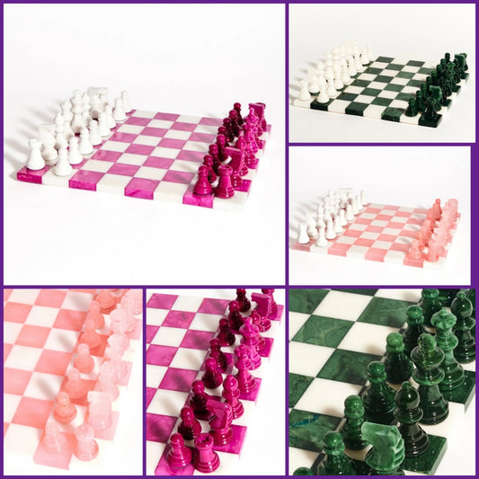 Magenta/White Large Italian Alabaster Chess Set