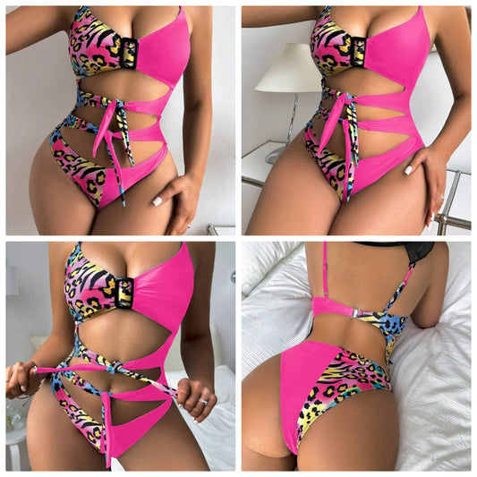Leopard & Zebra Striped Cut Out Knot Front One Piece Swimsuit Summer COCOMONEY