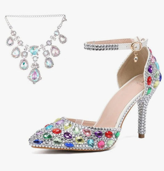 Womens Rhinestone Wedding Shoes Party Pumps with Ankle Chains
