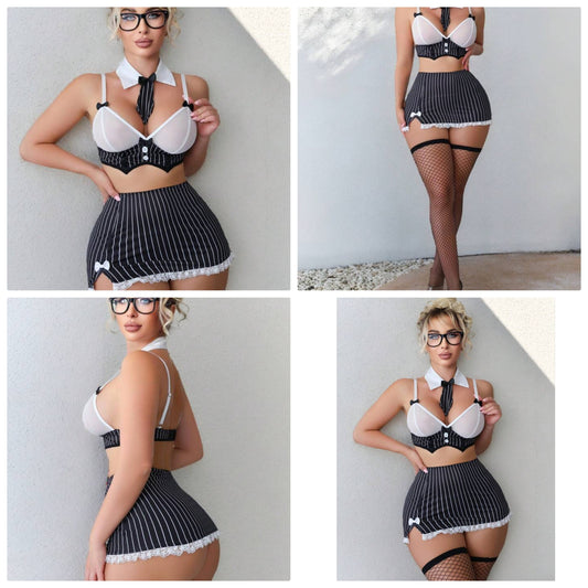 6pcs/Set Sexy Lace Patchwork Striped Bodycon Skirt With Necktie And Fishnet Stockings, Halloween Secretary Costume