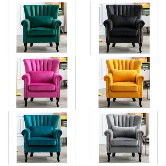 Mid Century Modern Accent Chair Upholstered Armchair Comfy Velvet Fabric Single Sofa with Lined Wingback for Small Spaces Bedroom Living Room, Velvet Black, 30.1D x 30.5W x 35H in