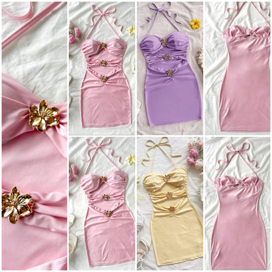 Knitted Tube Dress, Plunge Neck Backless With Ruched Metal Flower Decor, Mini Length COCOMONEY