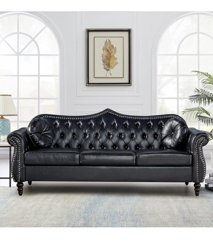 82" Three Seater Sofa, Chesterfield Sofa, Mid-Century Modern Velvet Upholstered Sofa, Deep Button Tufted Living Room Sofa with Two Throw Pillows,