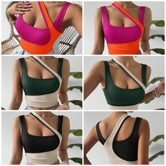 Fashionable Color-Block Asymmetrical Camisole Top COCOMONEY