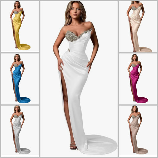 Strapless Beaded Mermaid Wedding Dresses for Women Long Satin Formal Evening Party Gowns with Slit